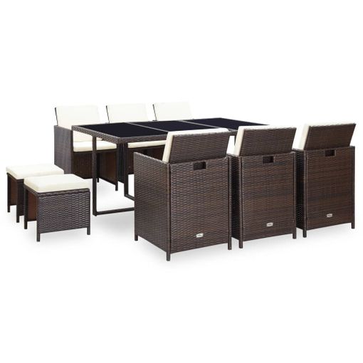 Set Comedor De Jardín 11 Pzas Y Cojines Ratán Sintético Marrón Vidaxl