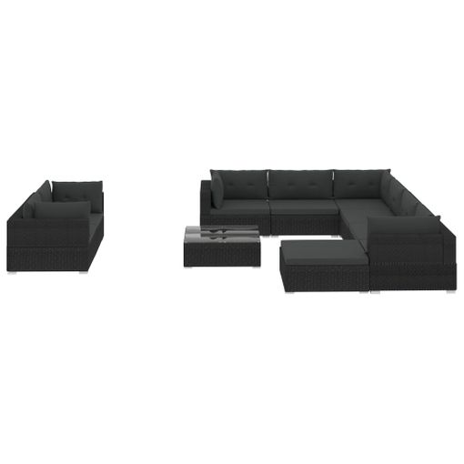 Set Muebles De Jardín 10 Piezas Y Cojines Ratán Sintético Negro Vidaxl