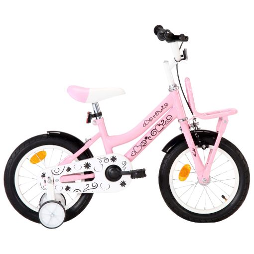 Bicicleta infantil de 18 pulgadas hecha de acero con portaequipaje  delantero en color rosa y blanca VidaXL