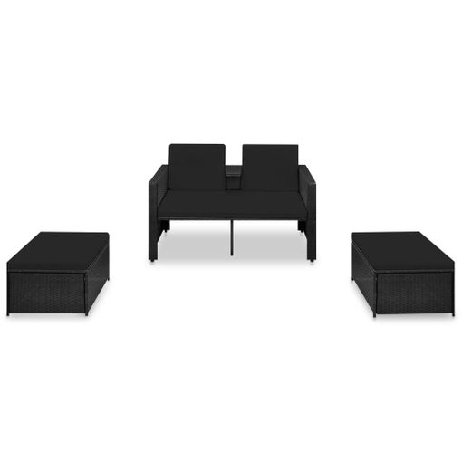 Set De Muebles De Jardín 3 Pzas Y Cojines Ratán Sintético Negro Vidaxl
