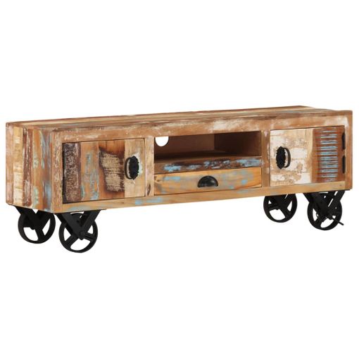 Mueble de TV vintage en madera reciclada con ruedas