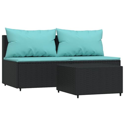 Set De Muebles De Jardín 3 Pzas Y Cojines Ratán Sintético Negro Vidaxl