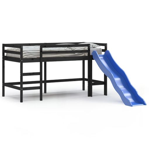 Cama alta de niños escalera madera maciza pino negra 90x190 cm