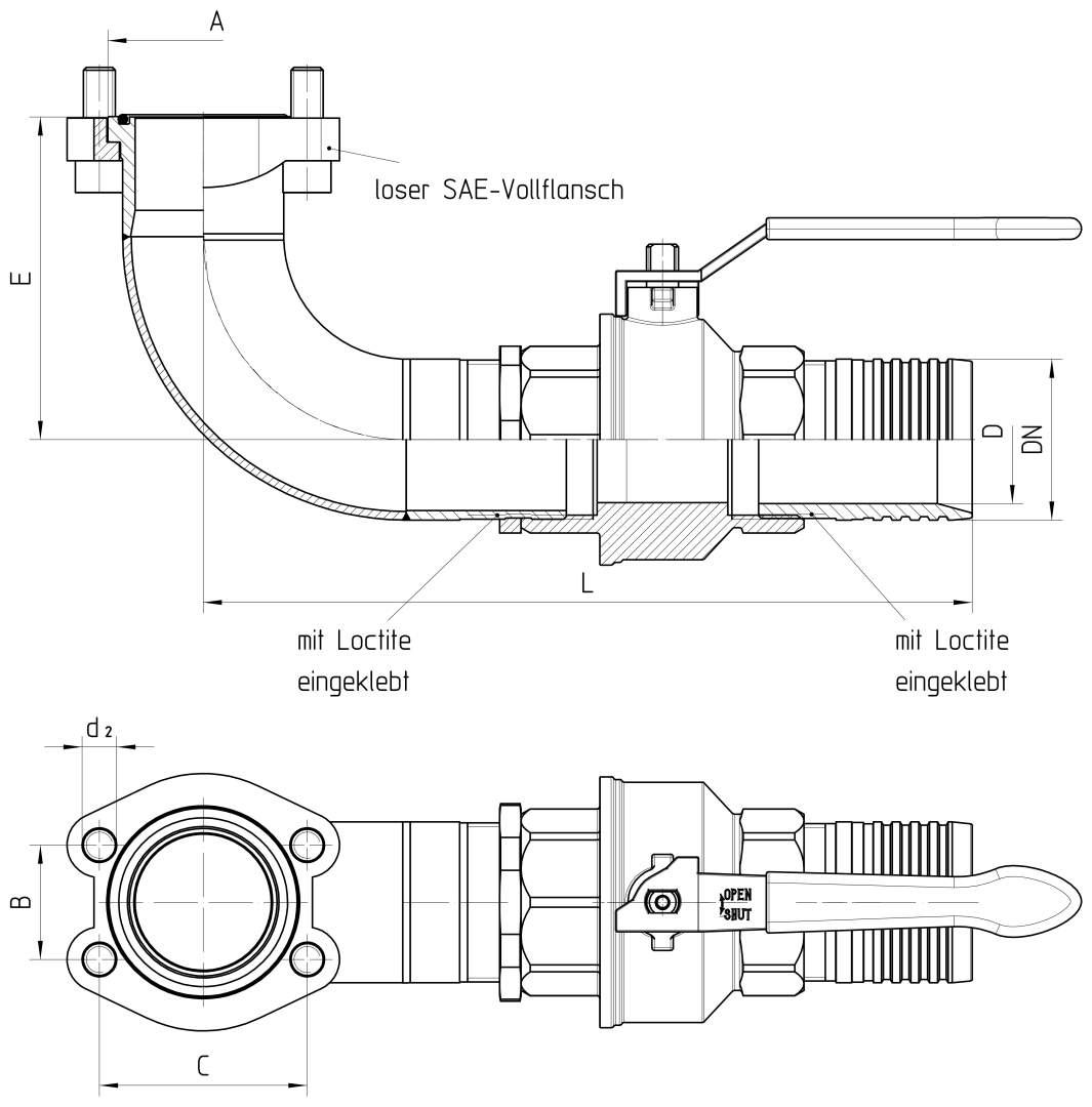 Kugelhahn mit SAE Flansch 90° / Schlauchnippel 1.Variante