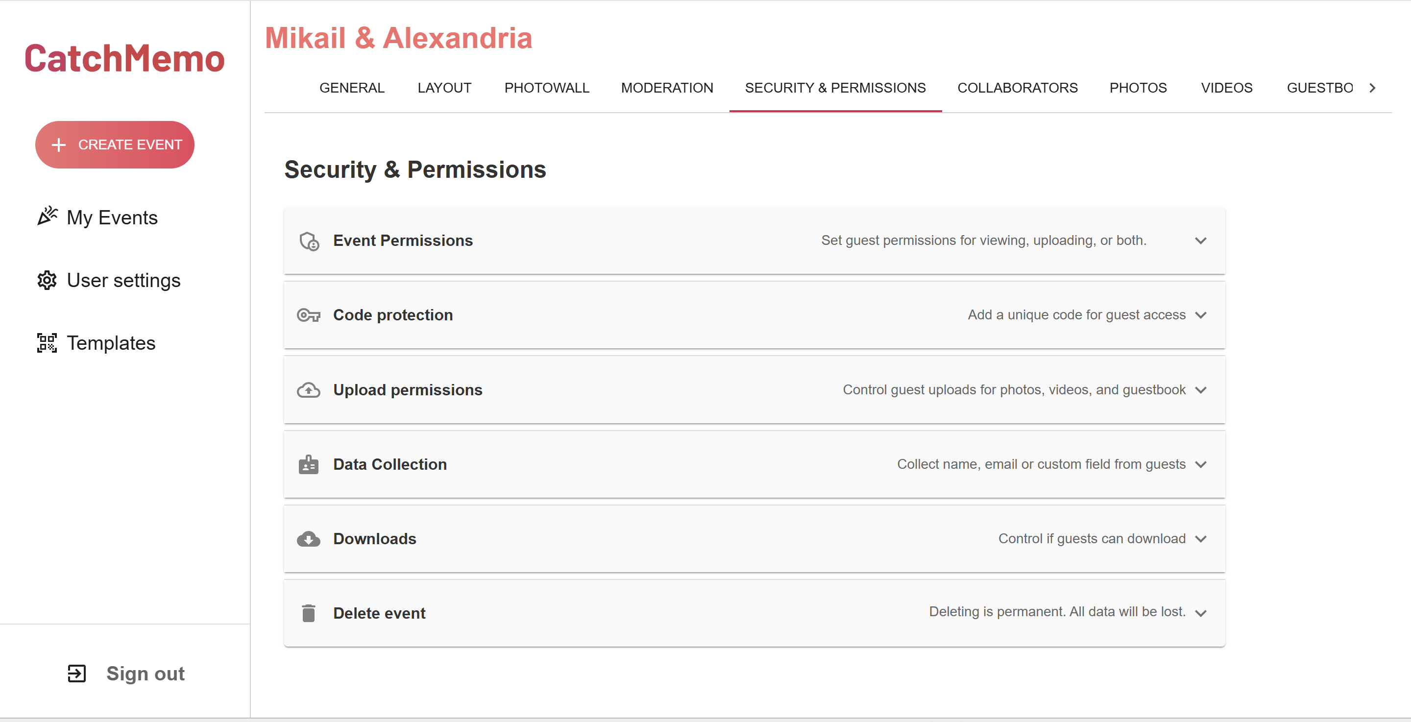 CatchMemo Security and Permissions settings for an event gallery