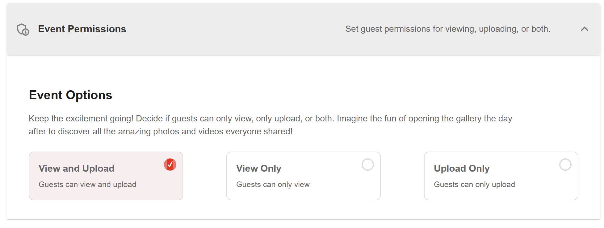 CatchMemo event permissions with View and Upload, View Only, and Upload Only options