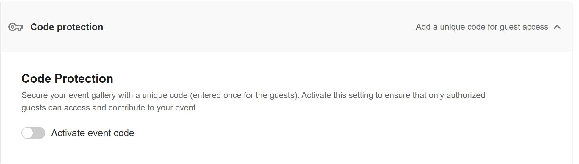 Code Protection setting for private guest access to a CatchMemo event gallery