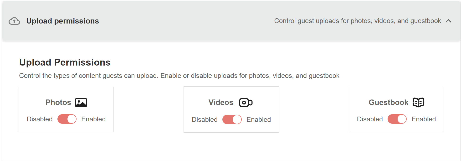 CatchMemo upload permissions for guest photos, videos, and guestbook messages