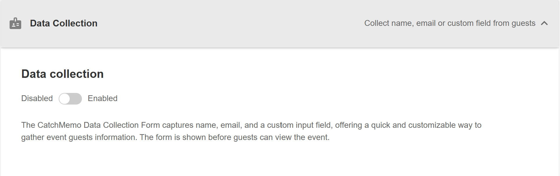 CatchMemo Data Collection setting for gathering guest names, emails, or custom details
