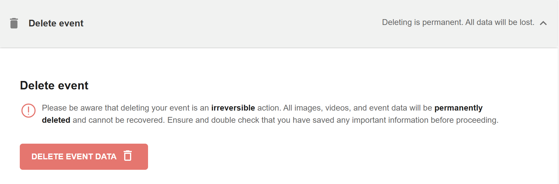 CatchMemo permanent event deletion warning for photos, videos, and event data