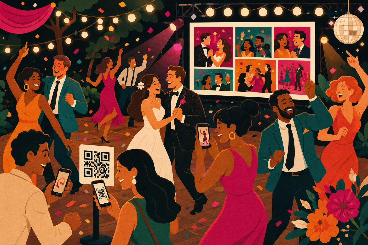 Wedding guests taking playful dance-floor photos and uploading them by QR code
