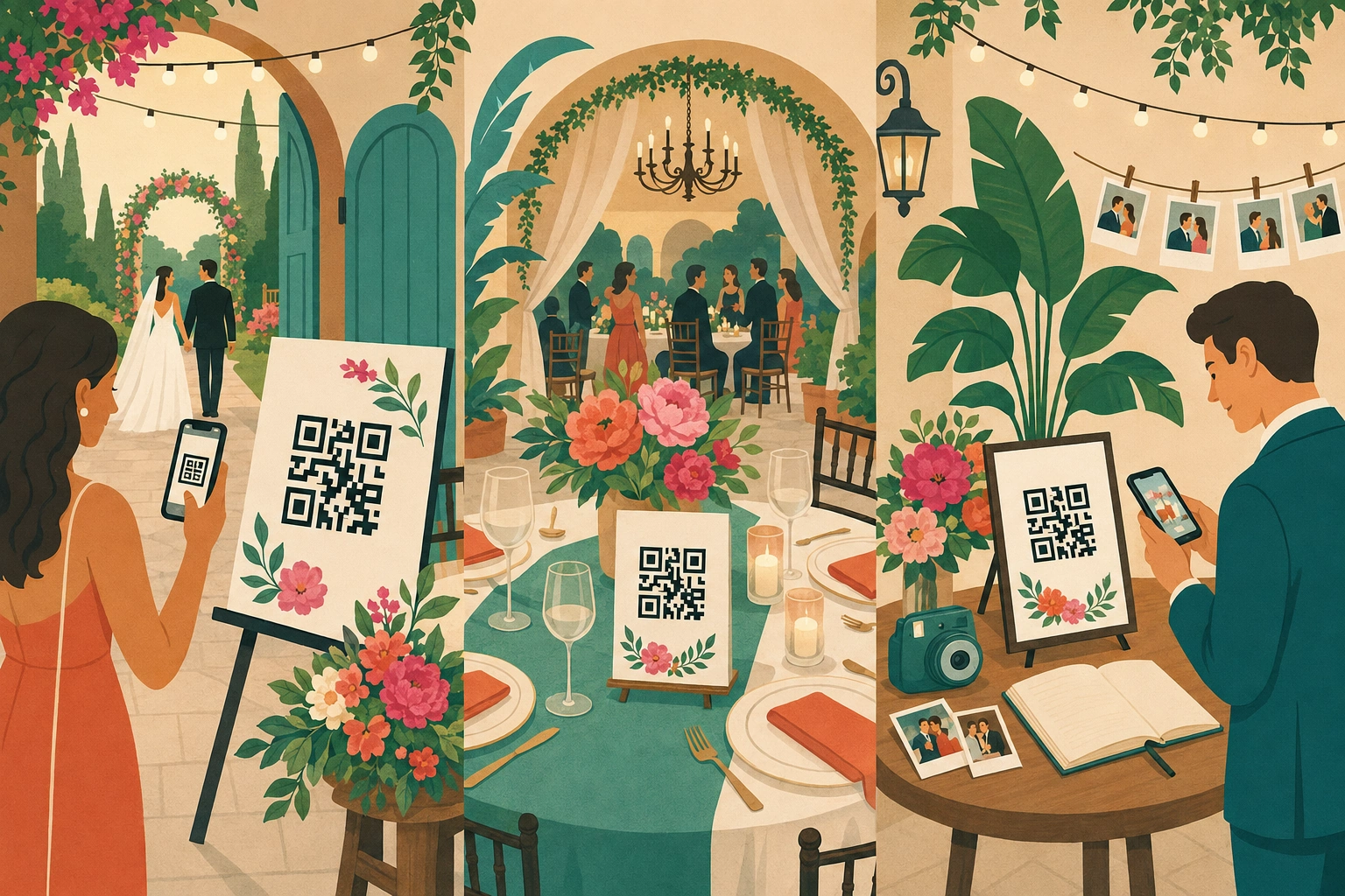 Wedding QR codes displayed at the entrance, on reception tables, and beside the guestbook