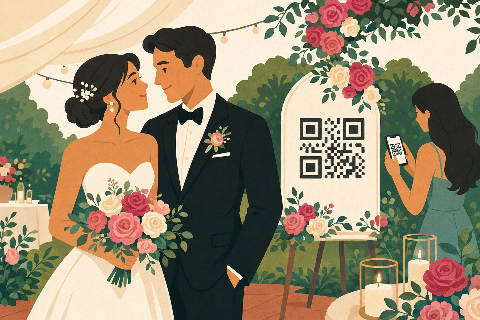 Wedding couple beside an elegant floral QR code sign while a guest scans it