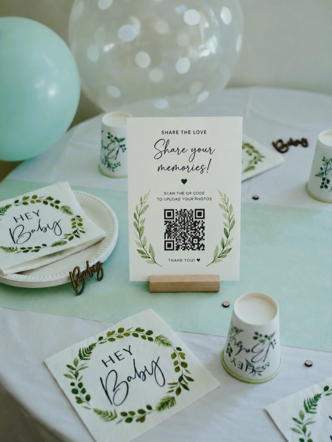 Printed QR card standing on a decorated table