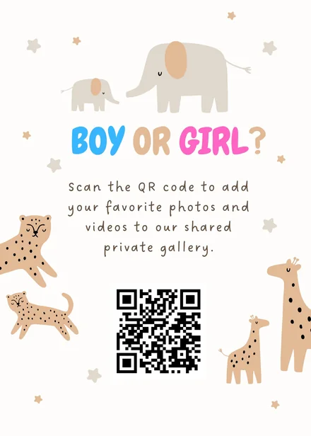 Baby shower QR card template with illustrated animals