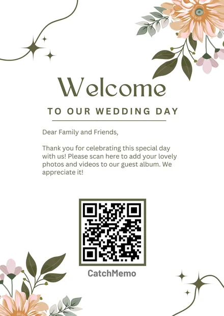 Wedding welcome QR card template with flowers