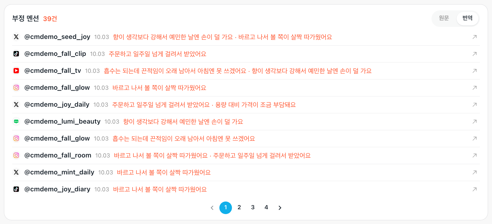 「부정 멘션」 칸 — 건수, 원문·번역 고르개, 글 줄, 쪽 번호