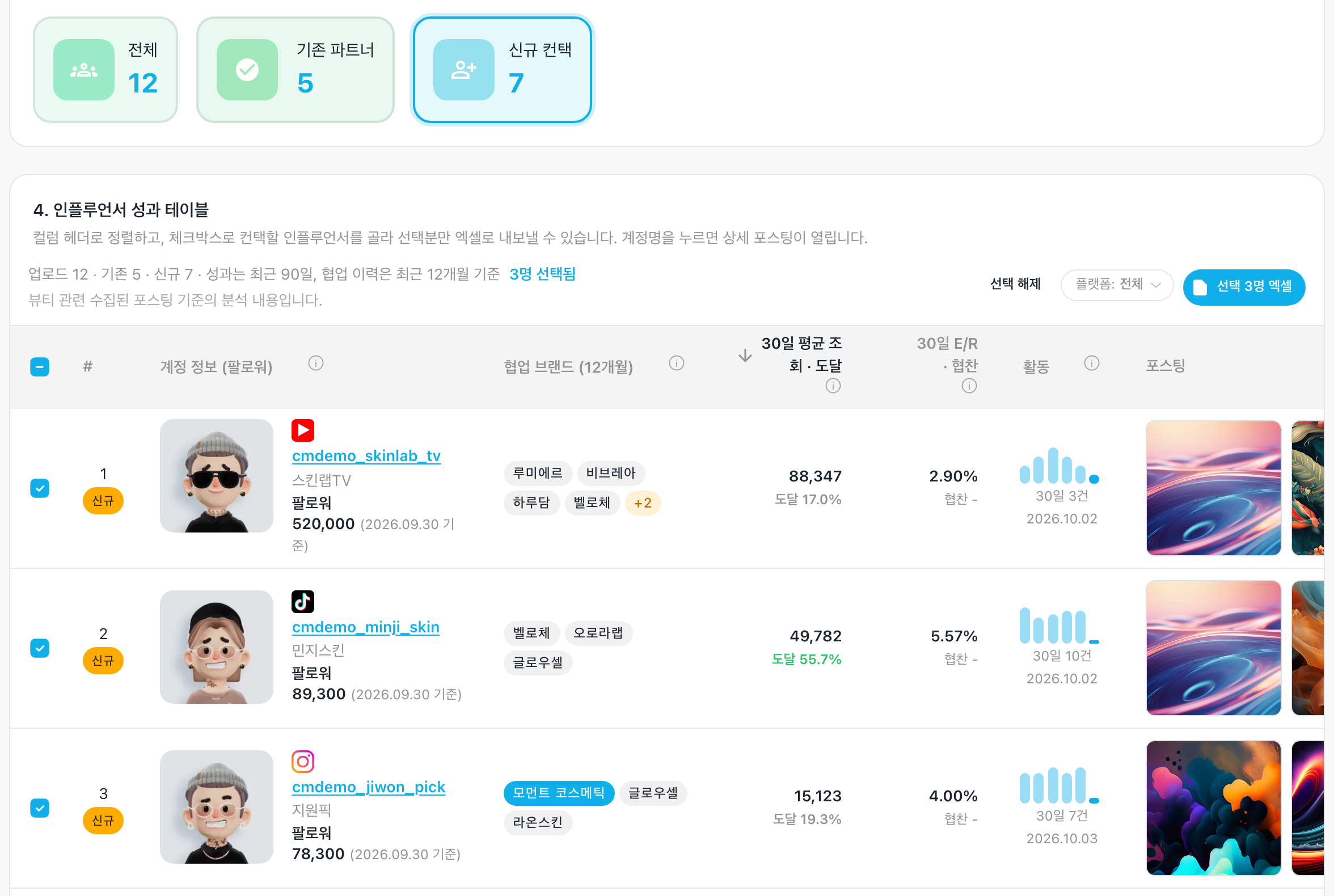 신규 컨택 카드를 골라 세 명을 체크한 표 — 「3명 선택됨」, 「선택 해제」, 「선택 3명 엑셀」