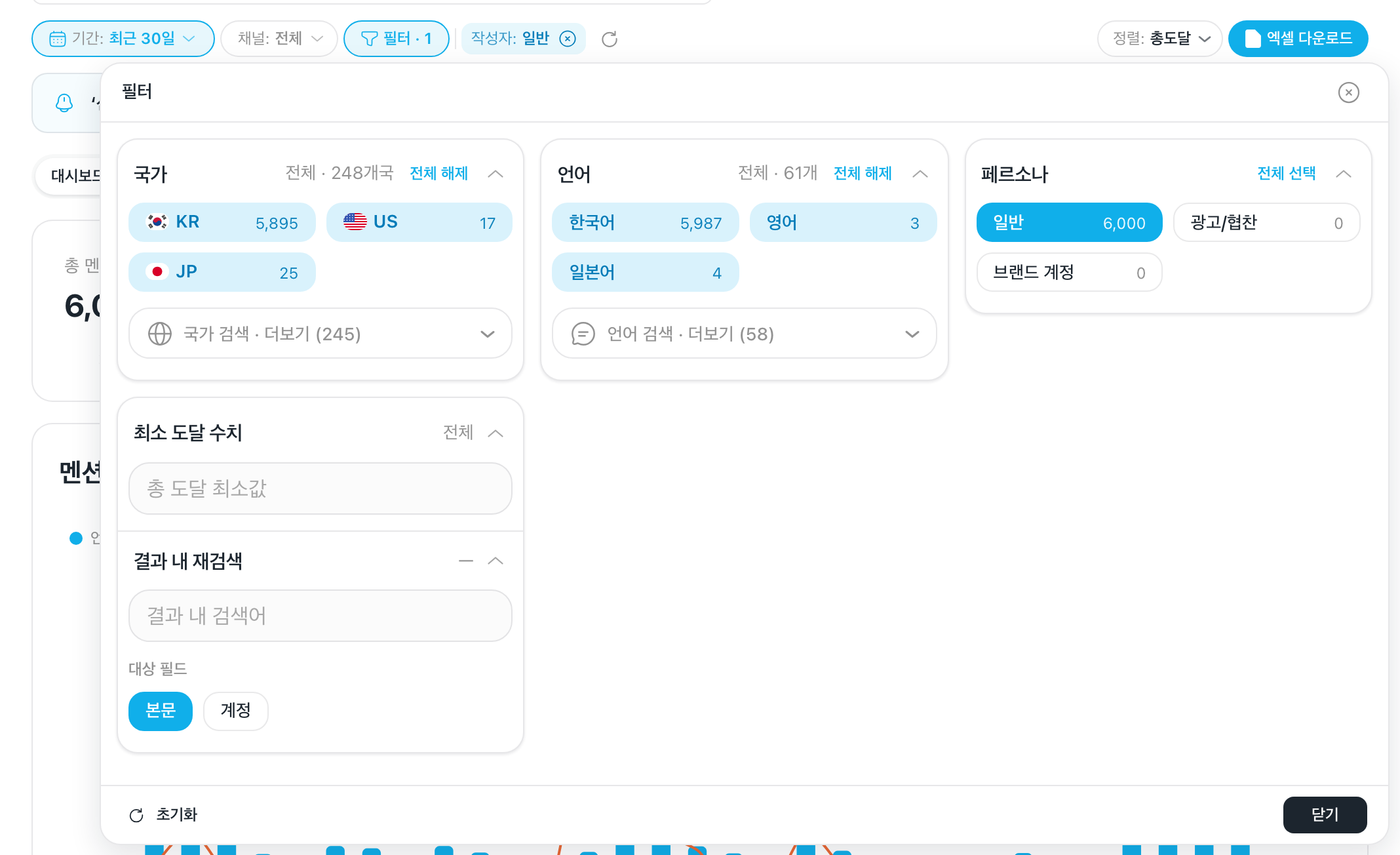 「필터」 판 — 국가·언어·페르소나·최소 도달 수치·결과 내 재검색, 페르소나는 「일반」만 켜진 모습