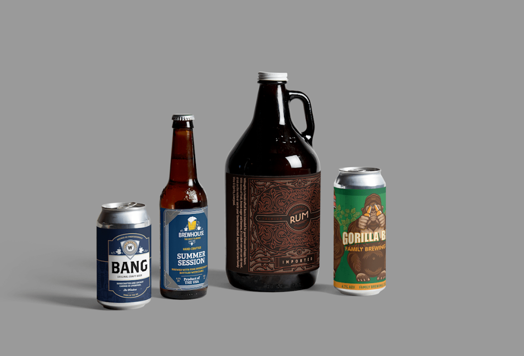 The image displays a variety of beer bottles and cans arranged on a grey background. In the center of the image, there is a jug of rum with a brown label. There is also a bottle of rum with the words "Landgrafted Rum Is Intended for good times and happy hours." displayed below the label.

To the left of the jug of rum is a can of "Bang Original Craft Beer." Near the bottom of the image, there is a bottle of "Brewhouse Summer Session." The words "Brewhouse" and "Summer Session" are displayed on two separate lines. To the right of the beer bottle is a group of beer bottles and cans, including a variety of different brands.

Scattered throughout the image, there are several labels and text, including the words "Gorilla Brew Family Brewing" and "Hand-Crafted." The words "Family Brewing" are repeated several times on the labels for different bottles and cans. Some of the labels also include fine print, such as "Brimed Miten Fine Pour" and "1.7% ABV Family Brewing."

At the bottom of the image, there is text indicating that the products are "Product of The USA."  Overall, the image features a wide array of beer and rum products displayed in an orderly manner.