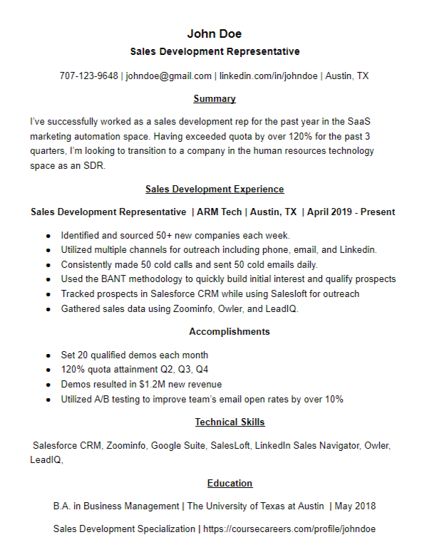 Sales Development Resume