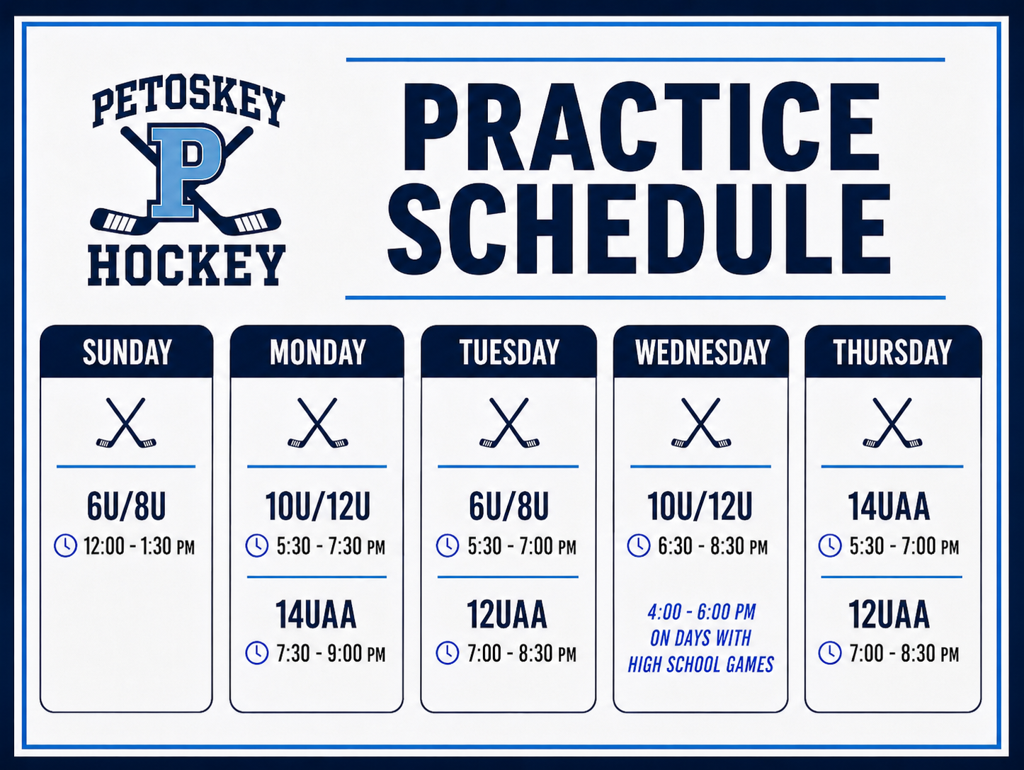 PETOSKEY HOCKEY Practice Schedule: Sunday 6U/8U 12-1:30pm; Monday 10U/12U 5:30-7:30pm, 14UAA 7:30-9pm; Tuesday 6U/8U 5:30-7pm, 12UAA 7-8:30pm; Wednesday 10U/12U 6:30-8:30pm; Thursday 14UAA 5:30-7pm, 12UAA 7-8:30pm