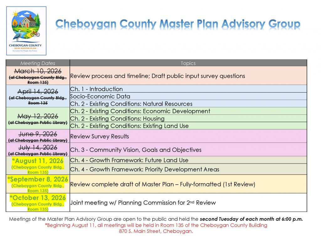Cheboygan County Master Plan Advisory Group meeting schedule listing dates, locations, and topics from March through October 2026.