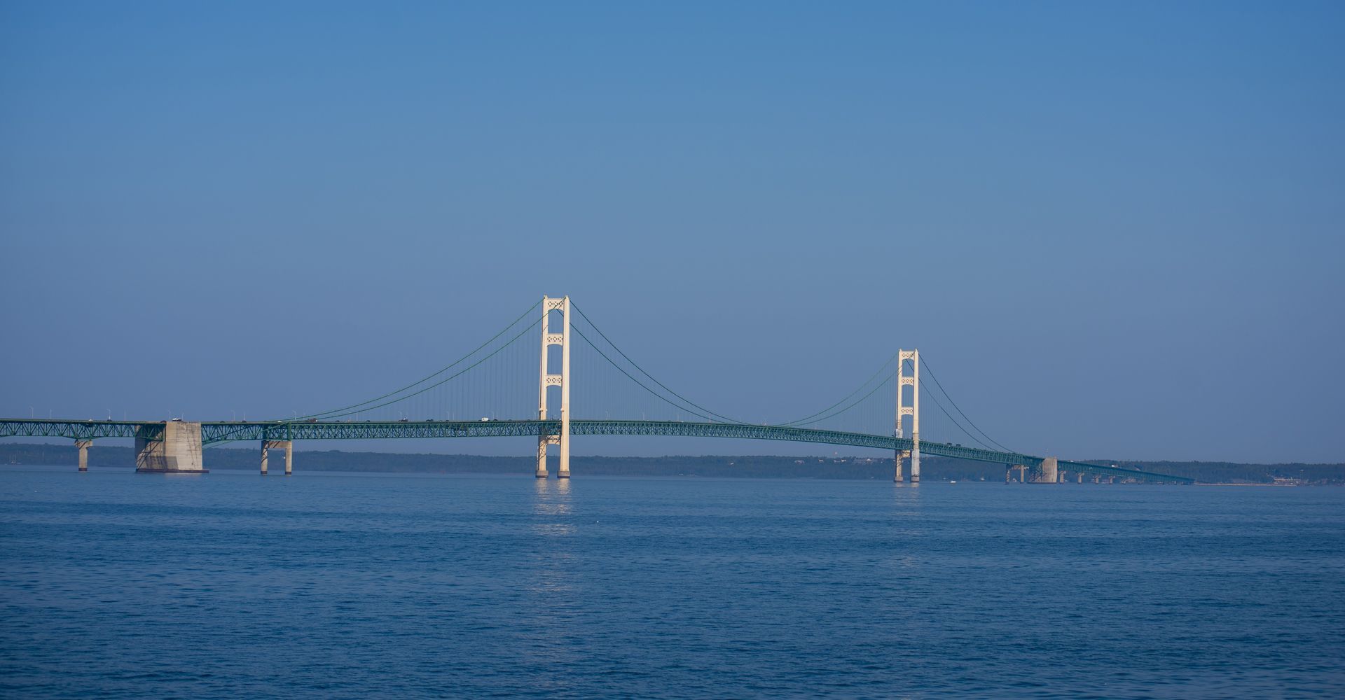 View of the Mackinac Bridge from the water on a clear day, associated with Nautical North Family Adventures' Free Community Science Cruise Series.