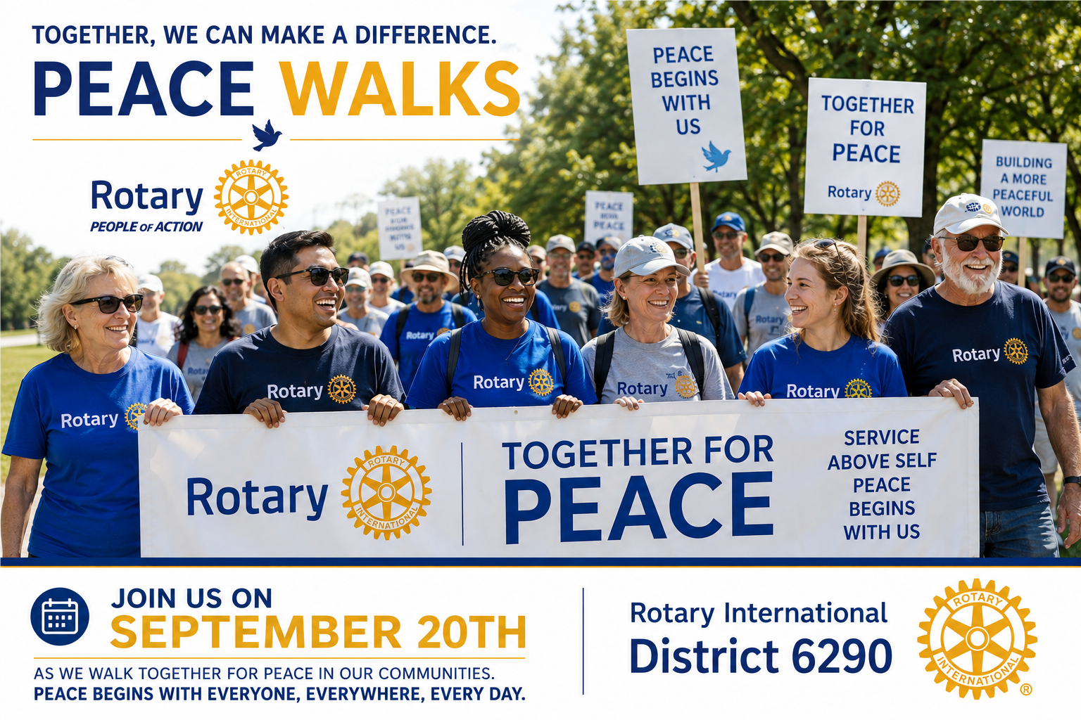 Rotary International District 6290 Peace Walks flyer. Together, We Can Make a Difference. Join us on September 20th as we walk together for peace in our communities.