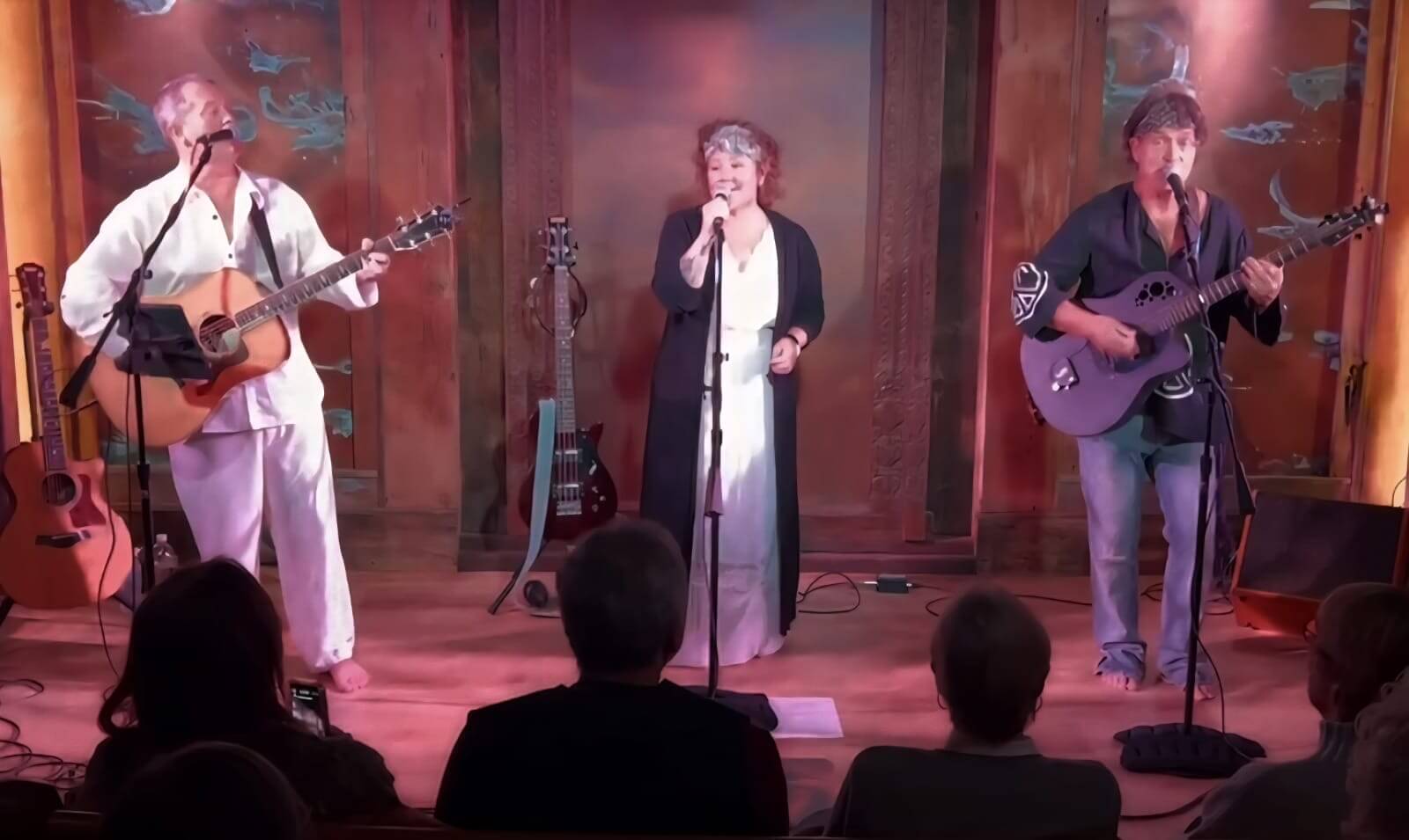 Three-piece acoustic band Magic Bus Unplugged performing on stage at The Lark Theater, with two guitarists and a vocalist.