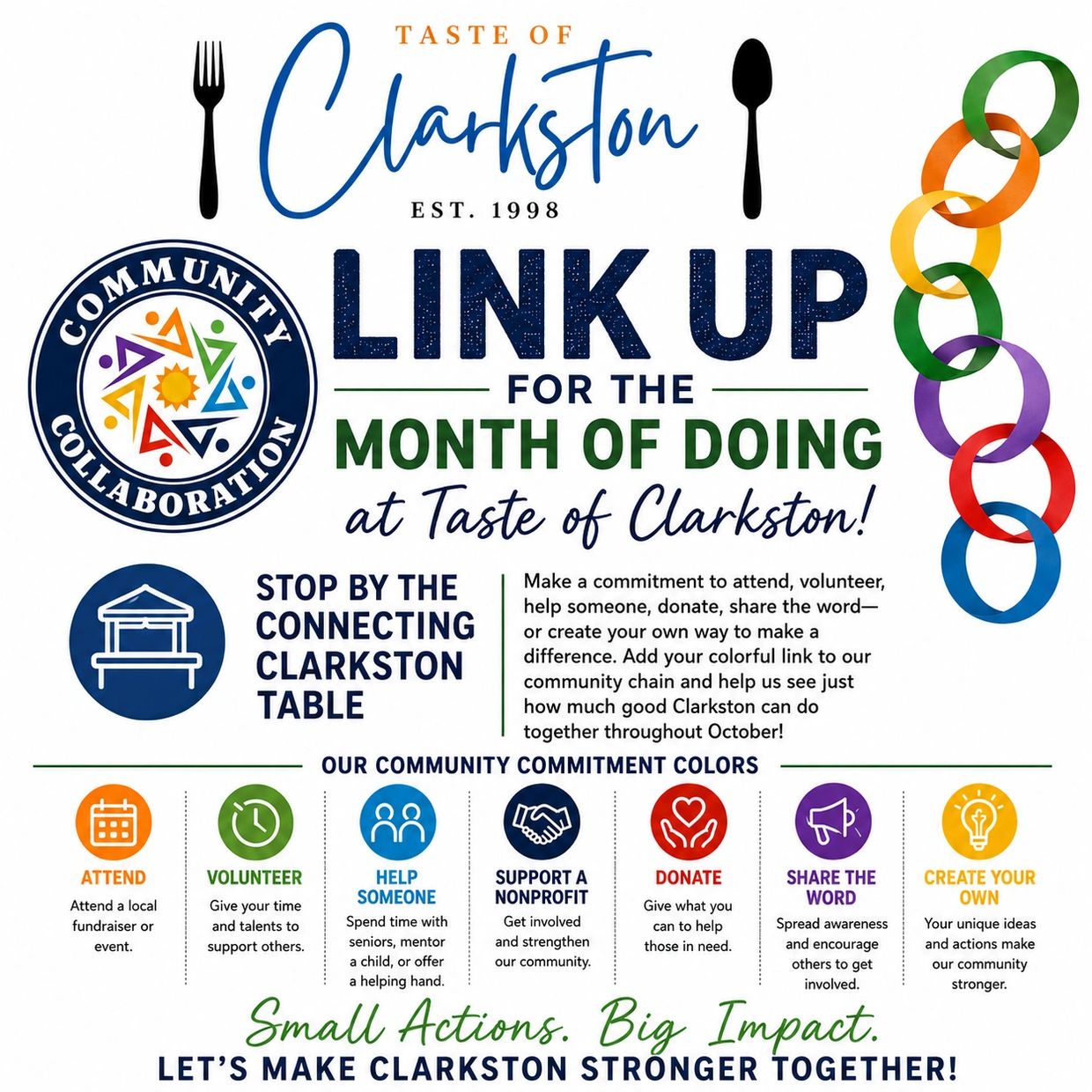 Taste of Clarkston: Link Up for the Month of Doing. Stop by the Connecting Clarkston table to commit to attend, volunteer, help someone, donate, support a nonprofit, or share the word throughout October.