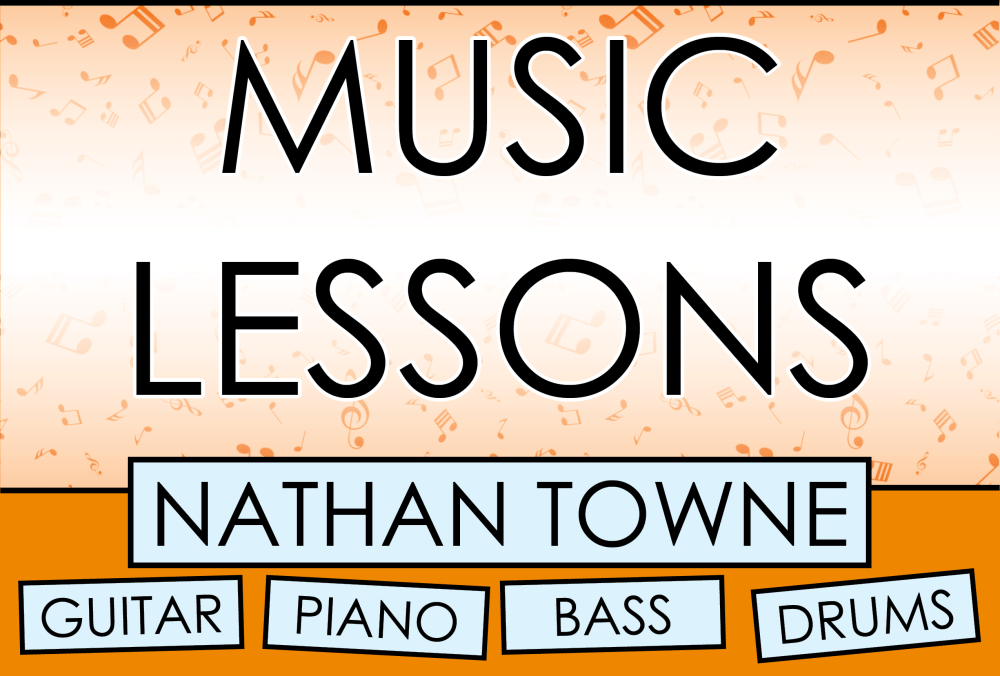 Music Lessons flyer: Nathan Towne teaches Guitar, Piano, Bass, and Drums at the Cheboygan Opera House.