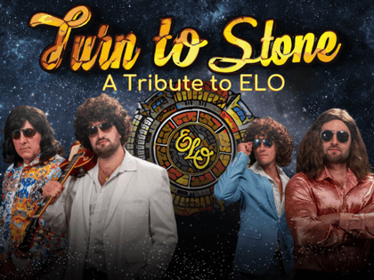 Twin to Stone: A Tribute to ELO promotional graphic featuring four performers in 1970s costumes
