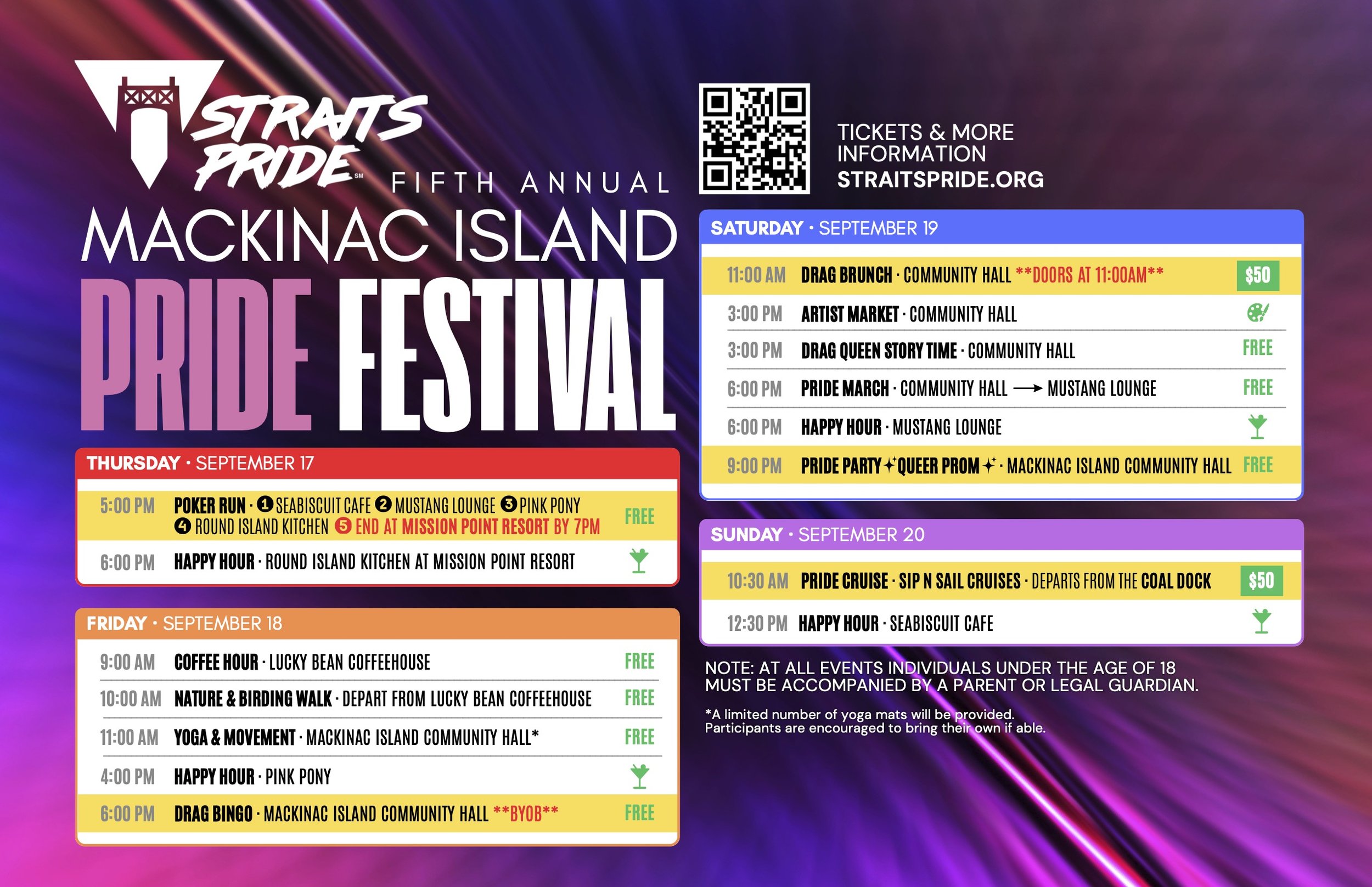 Straits Pride Fifth Annual Mackinac Island Pride Festival schedule, September 17–20, 2026.