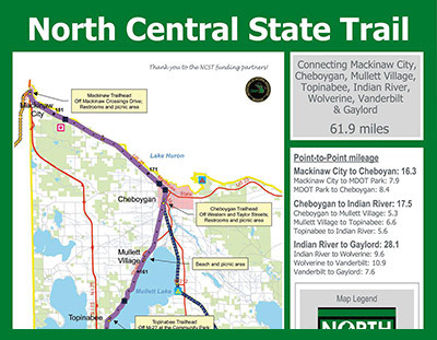 Map of the North Central State Trail connecting Mackinaw City, Cheboygan, Topinabee, Indian River, Wolverine, Vanderbilt, and Gaylord — 61.9 miles.
