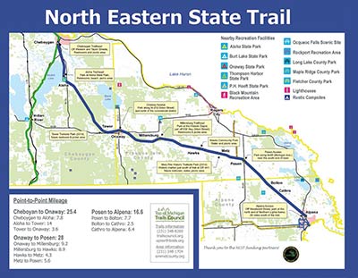 Map of the North Eastern State Trail connecting Cheboygan, Onaway, and Alpena with nearby state parks and recreation areas.