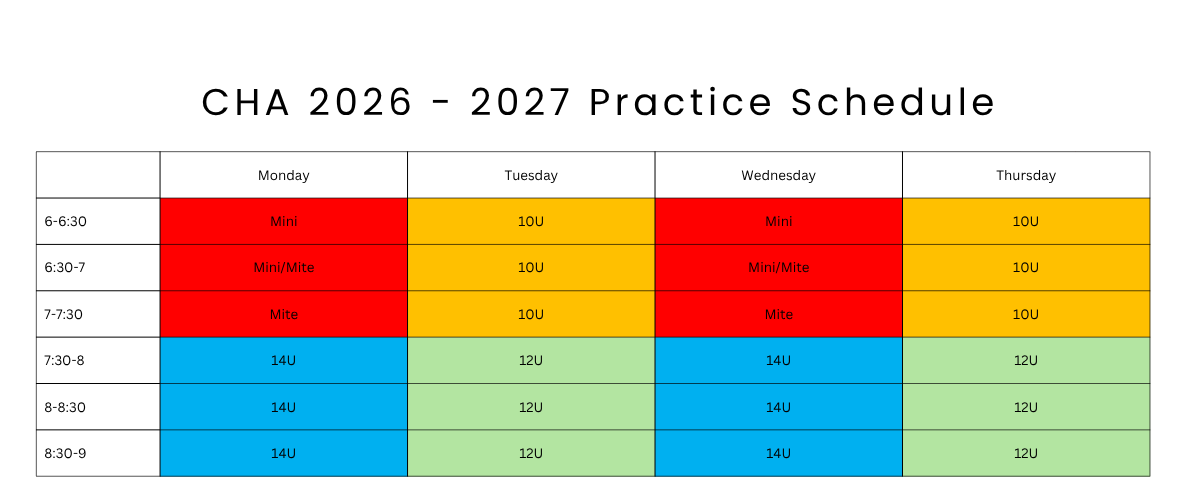 CHA 2026–2027 Practice Schedule grid showing Mini/Mite division on Mondays and Wednesdays 6:30–7:00 PM.