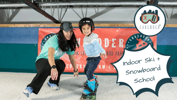 Indoor Ski + Snowboard School flyer featuring Shredder logo and a child learning to snowboard indoors