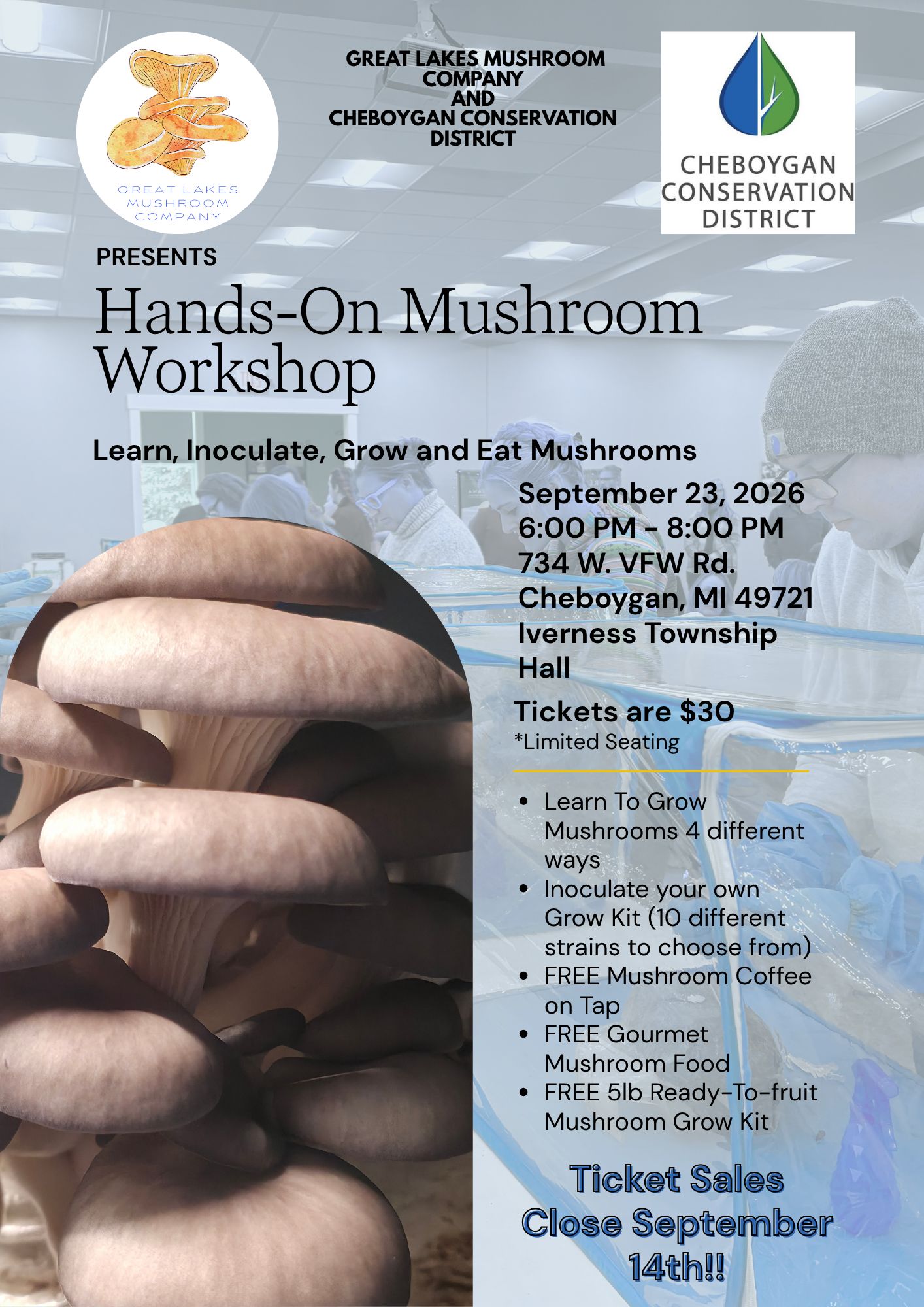 Hands-On Mushroom Workshop flyer: Sept 23, 2026, 6-8 PM, Inverness Township Hall, Cheboygan MI. Tickets $30, limited seating.
