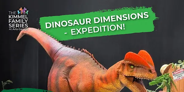 Dinosaur Dimensions – Expedition! presented by The Kimmel Family Series at Arts Garage. Realistic dinosaur puppet on stage.
