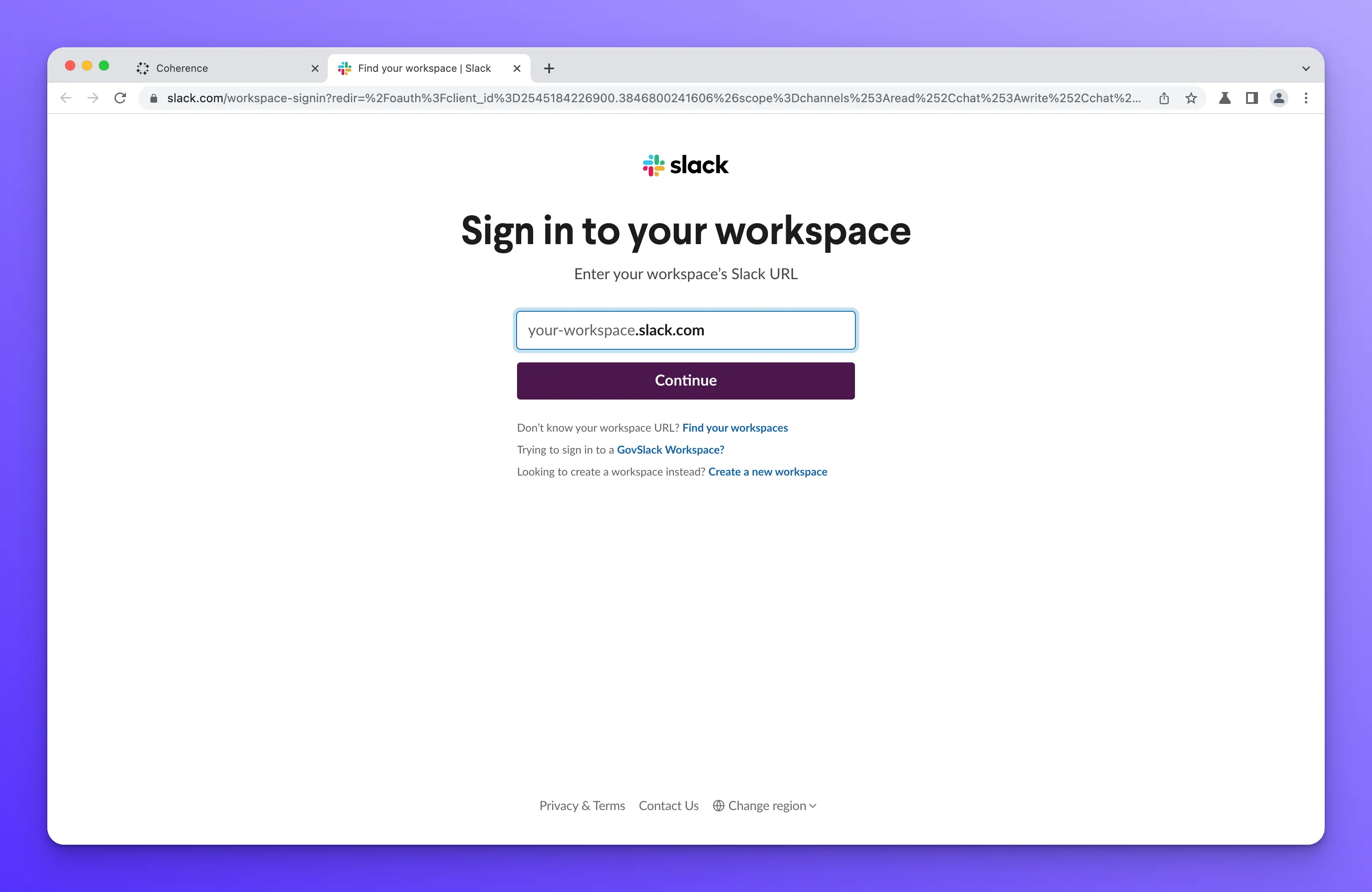 Find Slack workspace screen