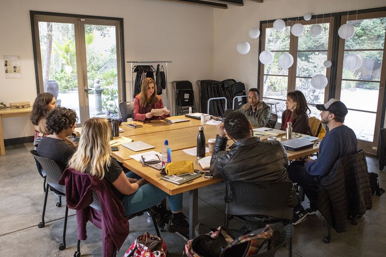 Jasmin Darznik, chair of MFA Writing, leads a classroom discussion.