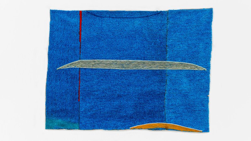 Teresa Baker, Untold (View from the Tower Studio), 2022 Yarn, thread, and spray paint on artificial turf 24.5 x 32 inches. Courtesy of the Gochman Family Collection.