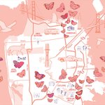 A pink and white map of San Francisco drawn by Christine Wong Yap, overlaid with butterfly artworks by students at Edwin and Anita Lee Newcomer School.
