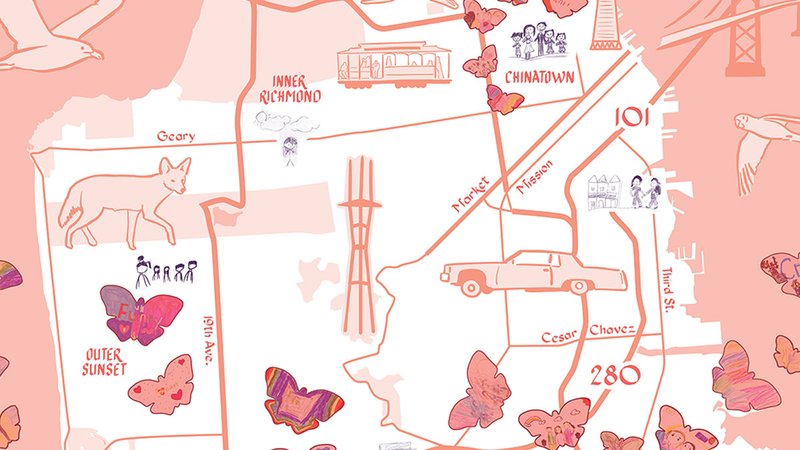 A pink and white map of San Francisco drawn by Christine Wong Yap, overlaid with butterfly artworks by students at Edwin and Anita Lee Newcomer School.