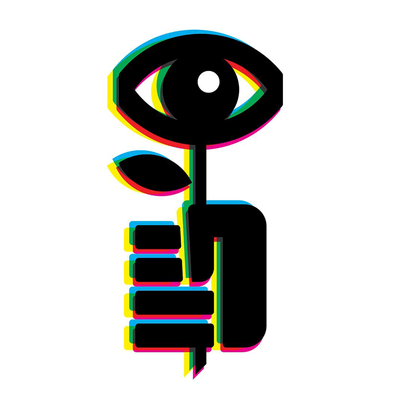 A graphic of a hand gripping the stem of a flower, the bud of which resembles an eye.