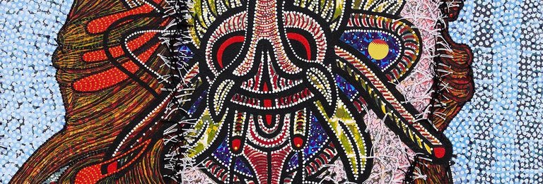 Franklin Williams, Slovakian Mask, 2018, acrylic and ink on canvas, crochet thread, fabric and glue, 102 × 76 cm. Courtesy of the artist and Parker Gallery, Los Angeles.