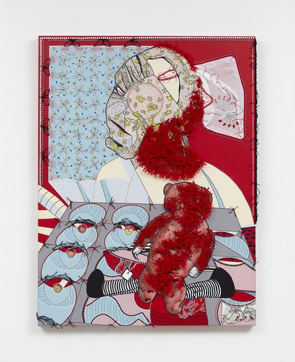 Franklin Williams, Teddy Looking for Professor Emeritus, 2019, acrylic and collage on canvas, yarn, crochet thread, beads, handkerchief, 40 x 30".