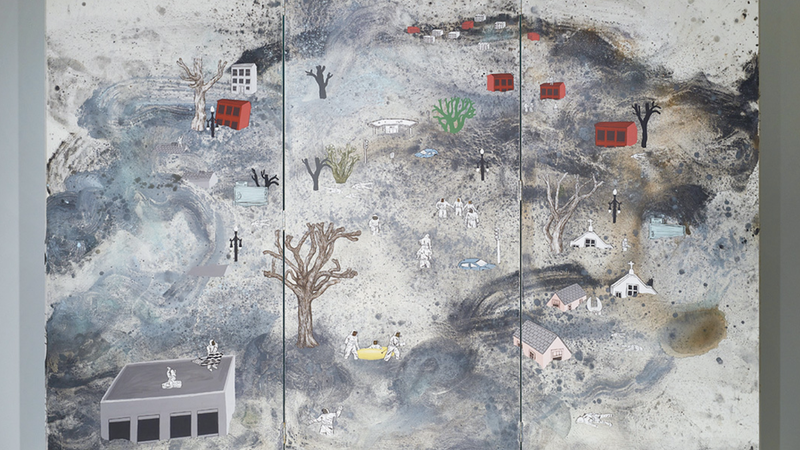A mostly gray landscape painting on a tri-fold screen. Red buildings and a dead tree appear in the painting.