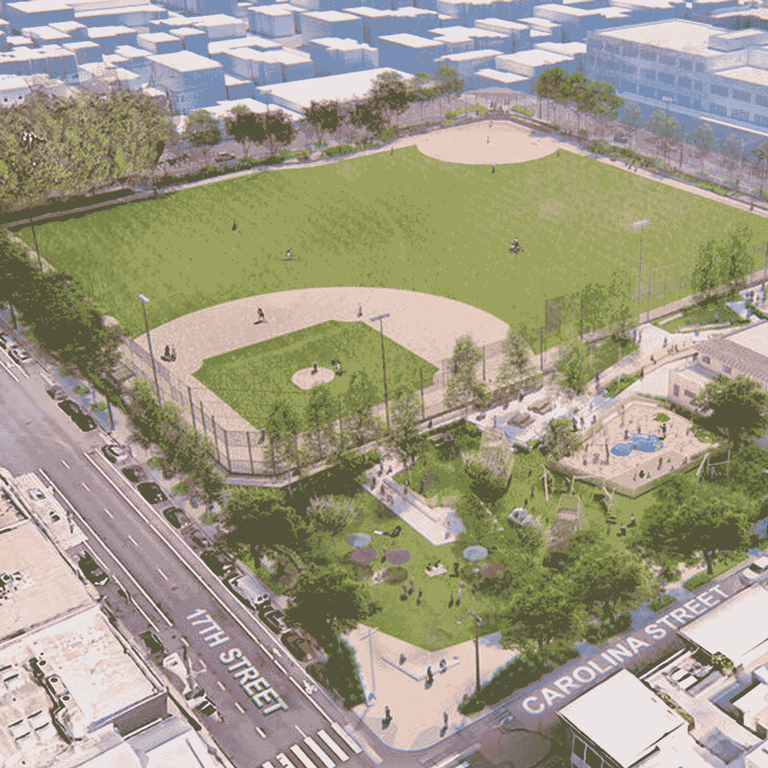 Rendering of Jackson Park includes a baseball field, playground, tennis court, clubhouse and view of the surrounding streets and buildings.